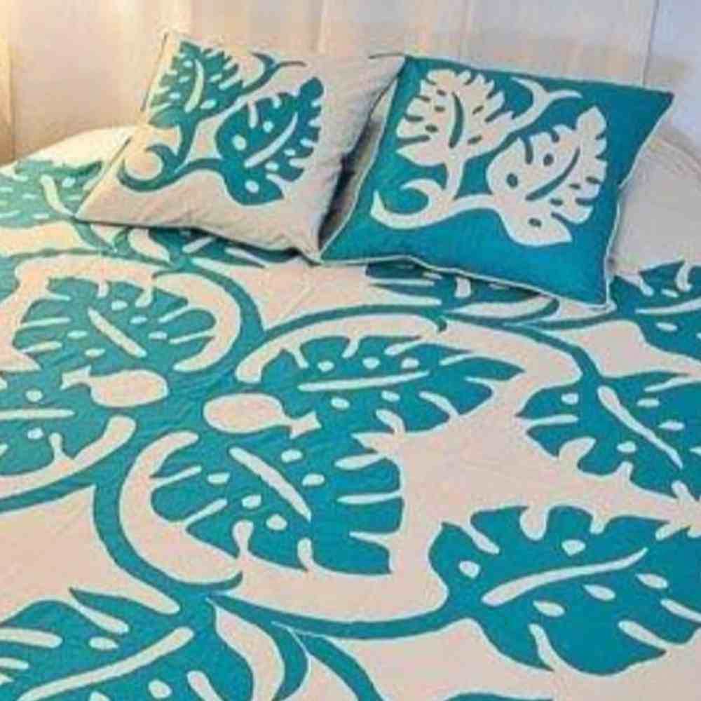 Handcrafted  Applique Bedsheet – White Base with Sky Blue